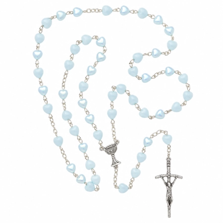 Niebieski różaniec komunijny z sercami i kielichem IHS